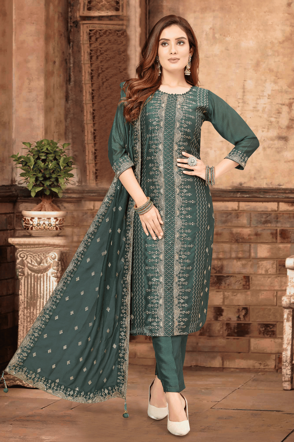 Green Sequins and Thread work Straight Cut Salwar Suit Seasons