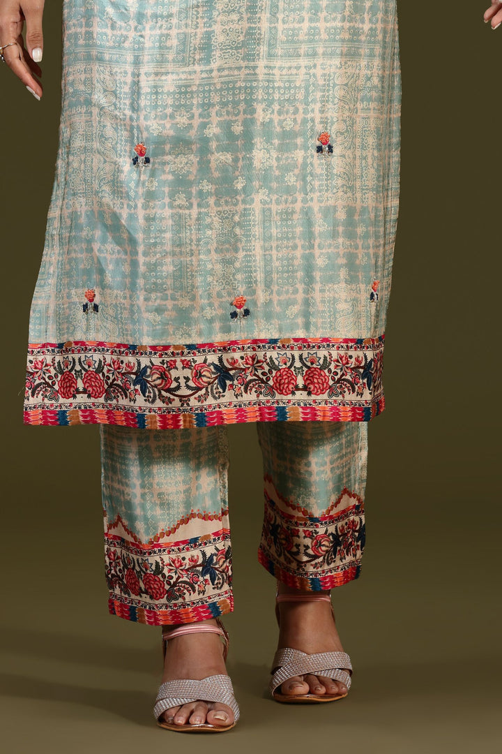 Aqua Blue Multicolor Thread and Zardozi work with Digital Print Straight Cut Salwar Suit