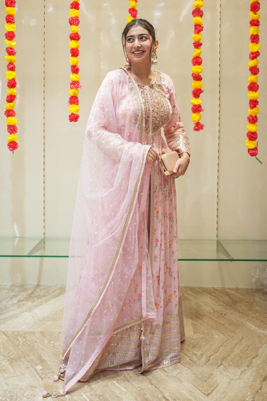 Baby Pink Gota Patti work with Floral Print and Beads work Floor Length Anarkali Suit - Seasons Chennai