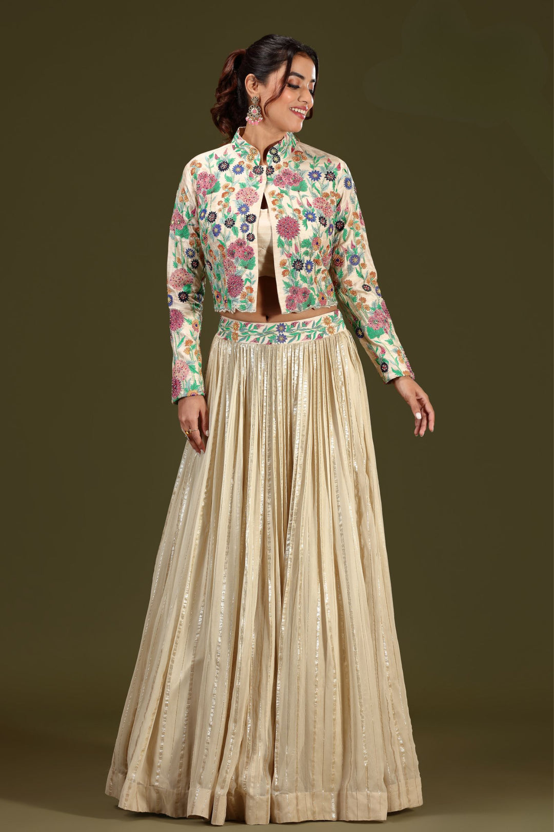 Fawn Multicolor Embroidery and Beads work Jacket Styled Crop Top Lehenga