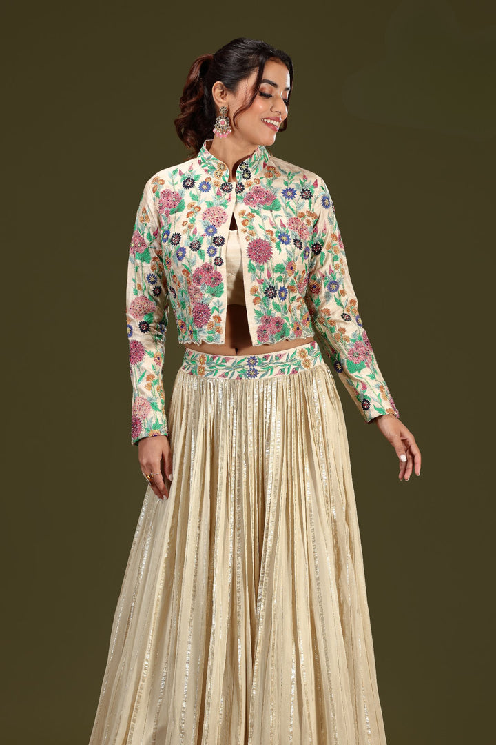 Fawn Multicolor Embroidery and Beads work Jacket Styled Crop Top Lehenga