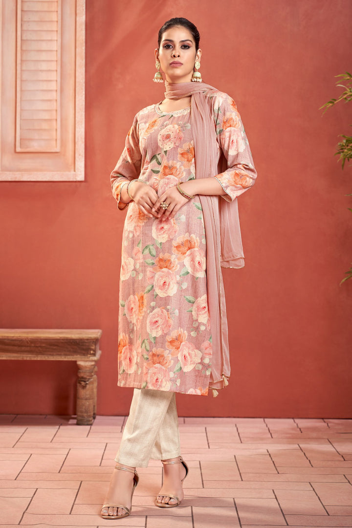 Onion with Cream Floral Print and Sequins work Straight Cut Salwar Suit