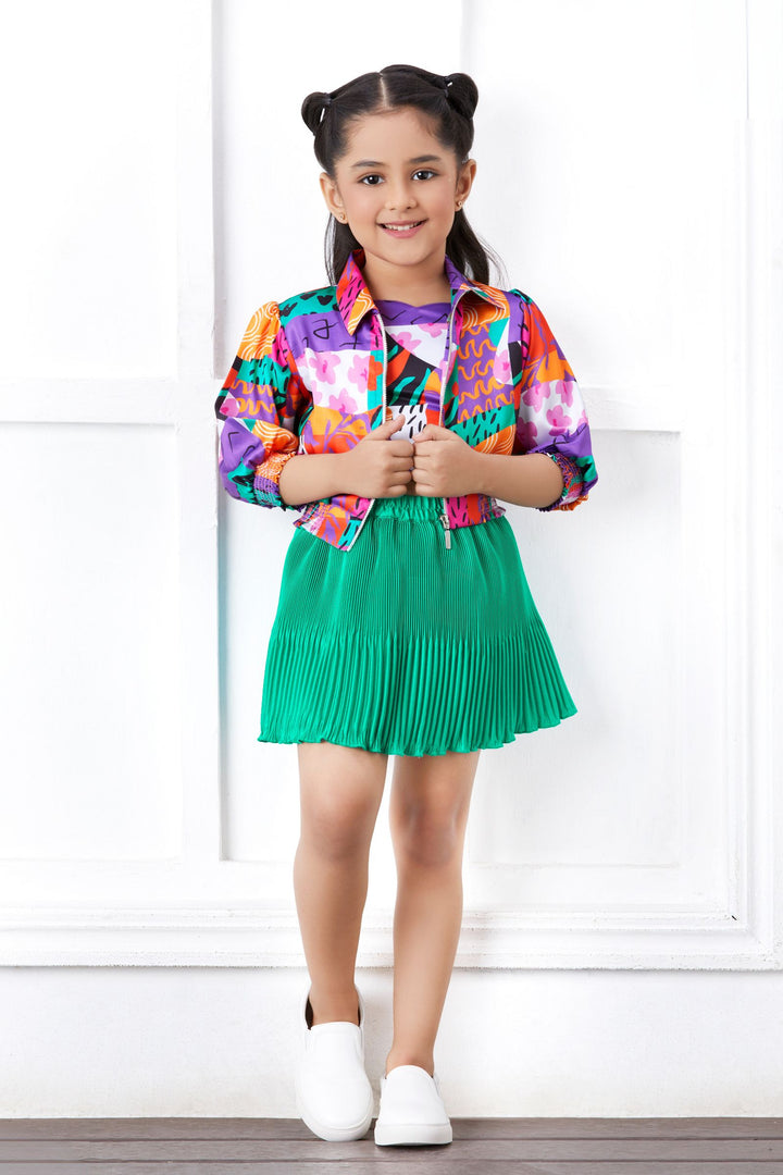 Rama Green with Multicolor Digital Print Top and Overcoat with Divider Skirt for Girls