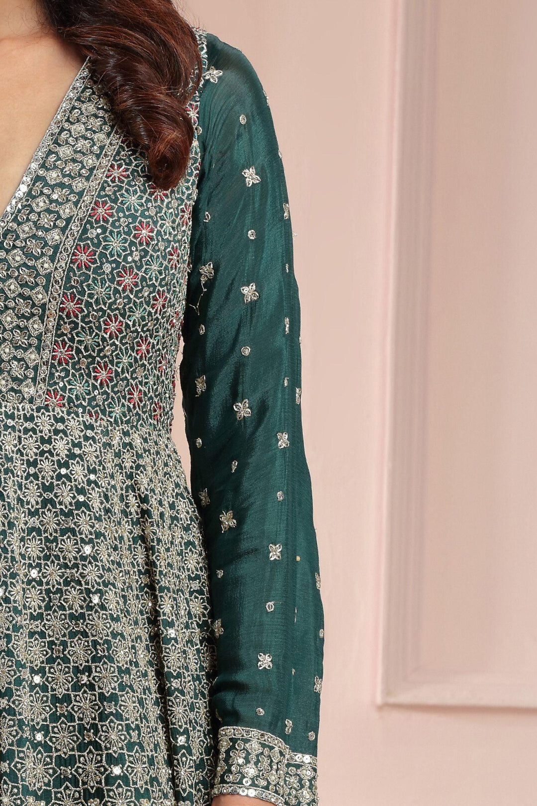 Peacock Blue Stone, Zari, Sequins and Thread work Floor Length Anarkali Gown - Seasons Chennai