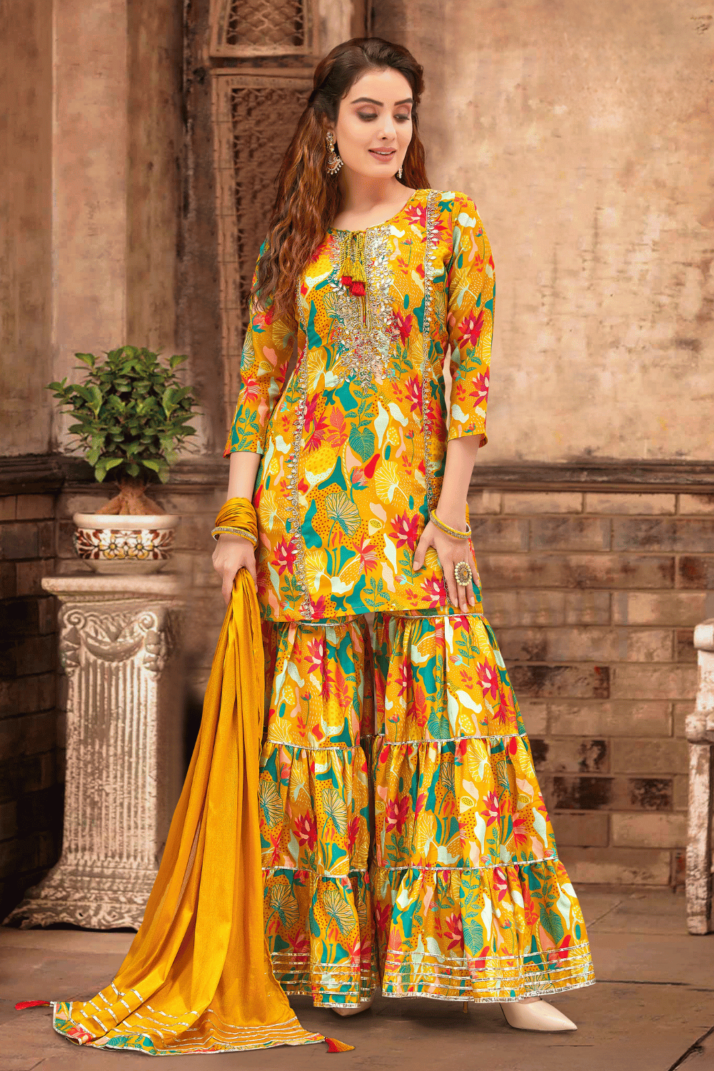 Mustard Multicolor Digital Print, Sequins, Zardozi and Zari work Sharara Salwar Suit - Seasons Chennai
