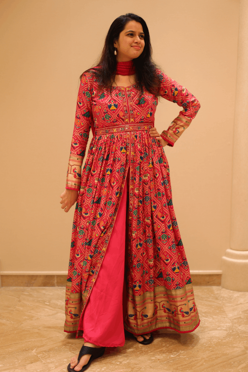 Pink Kalamkari Print Banaras Mirror and Thread work Floor Length