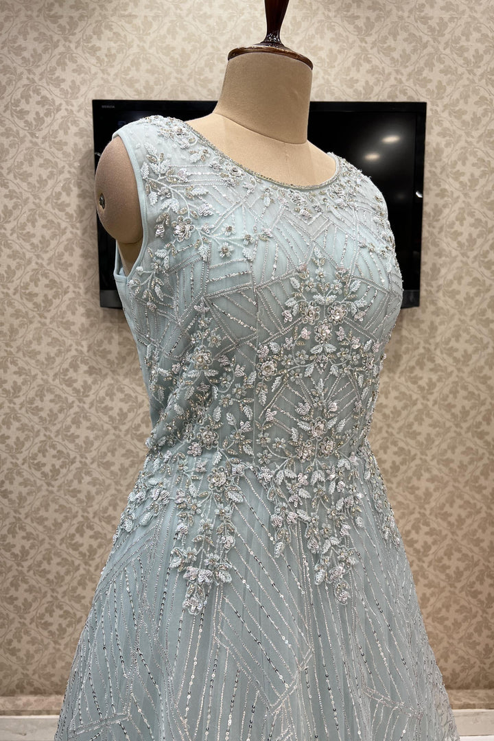 Aqua Blue Sequins, Silver Zari, Beads and Stone work Bridal and Partywear Gown - Seasons Chennai
