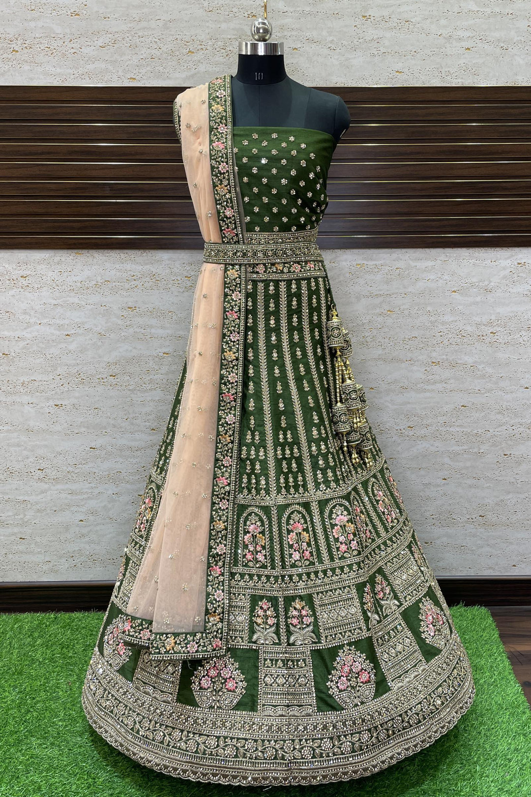 Mehendi Green Stone, Golden Zari and Thread work Semi-Stitched Designer Bridal Lehenga - Seasons Chennai