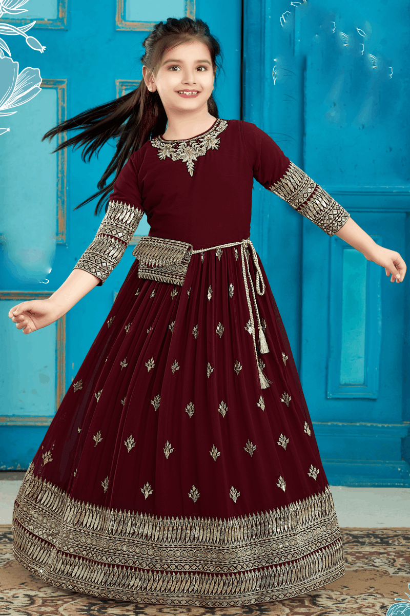 Maroon Sequins Stone and Zari work Long Party Gown for Girls with