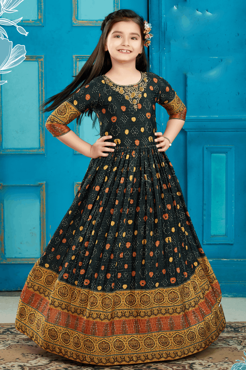 Black Bandini Print Stone Zardozi and Thread work Long Gown for