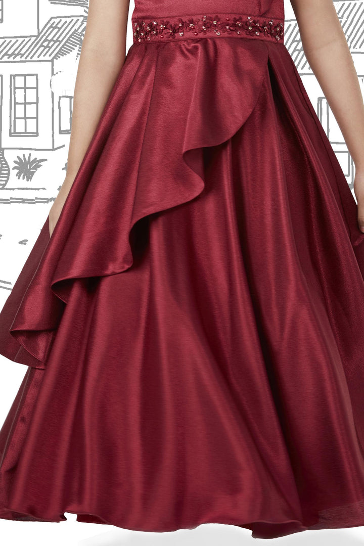 Maroon Satin Silk Long Party Gown for Girls - 4