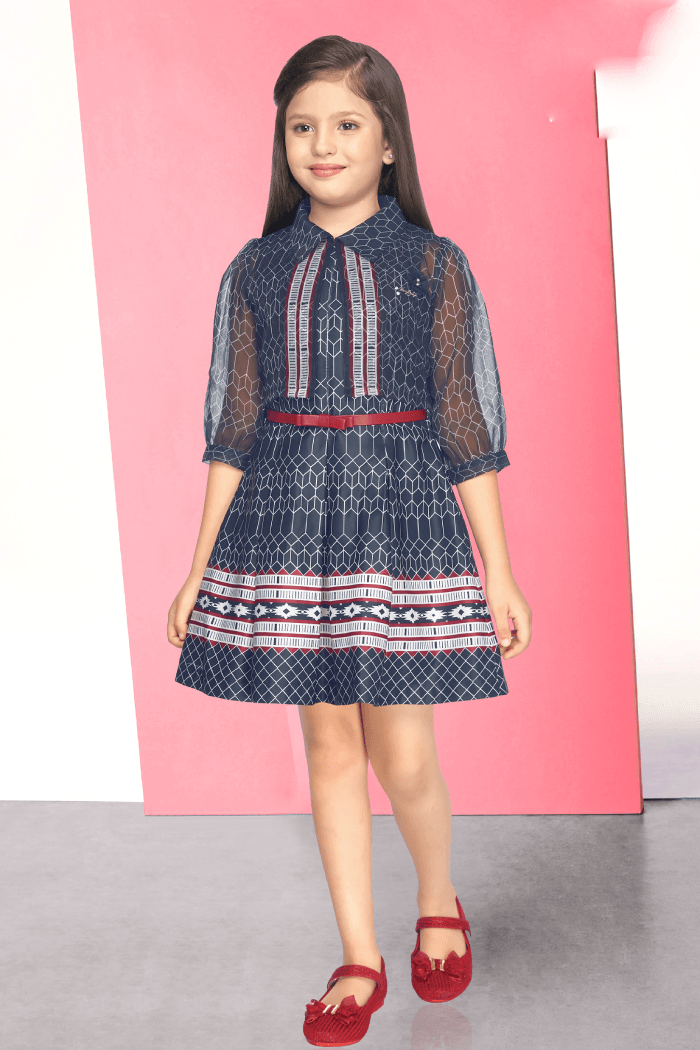 Navy Blue Overcoat Styled Knee Length Frock for Girls with Belt