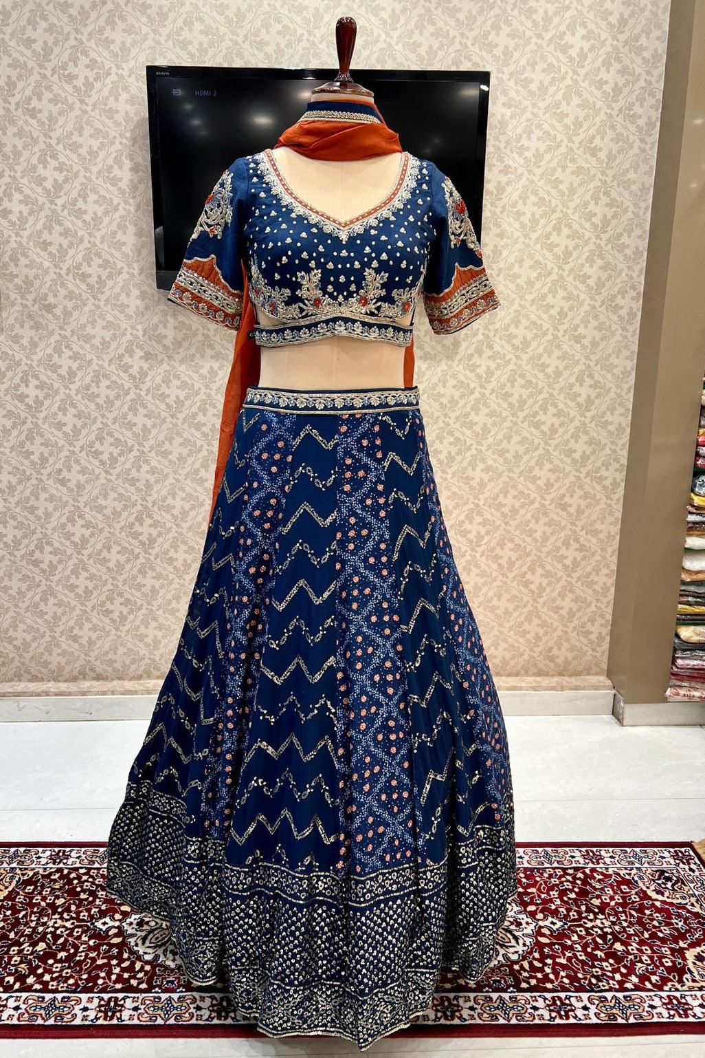 Navy Blue Zardozi, Mirror, Beads and Sequins work with Bandini Print C ...