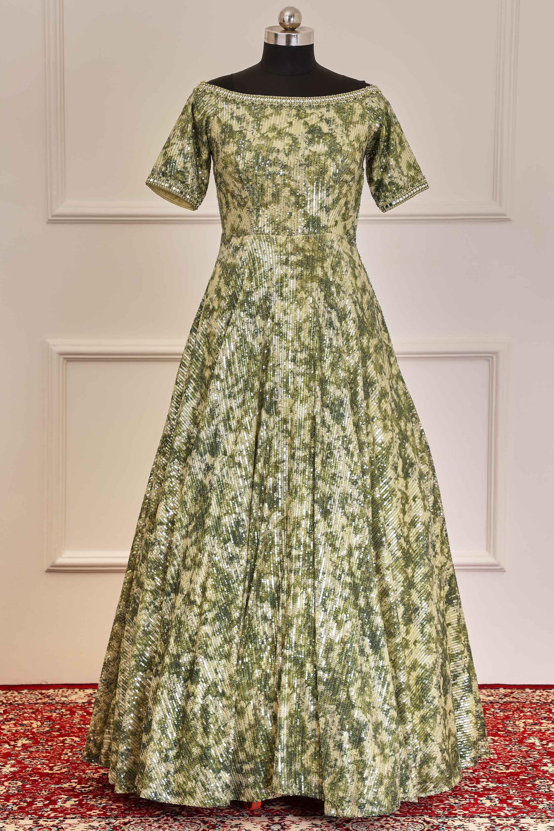 Mehendi Green Sequins, Thread, Mirror and Pearl work Bridal and Partywear Gown - Seasons Chennai
