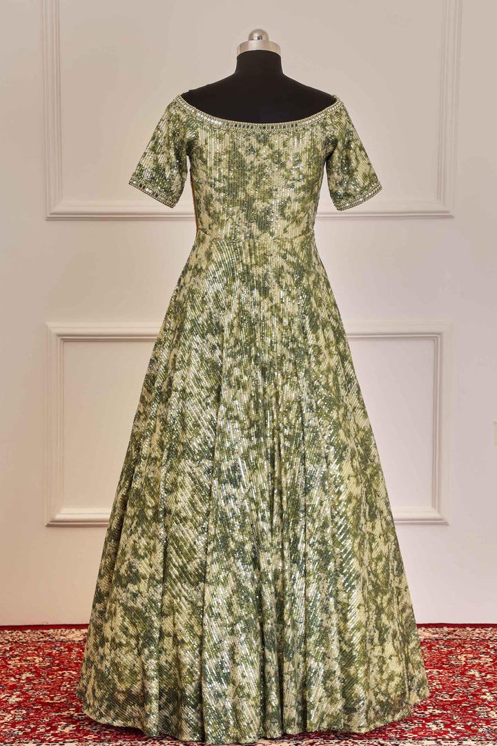 Mehendi Green Sequins, Thread, Mirror and Pearl work Bridal and Partywear Gown - Seasons Chennai