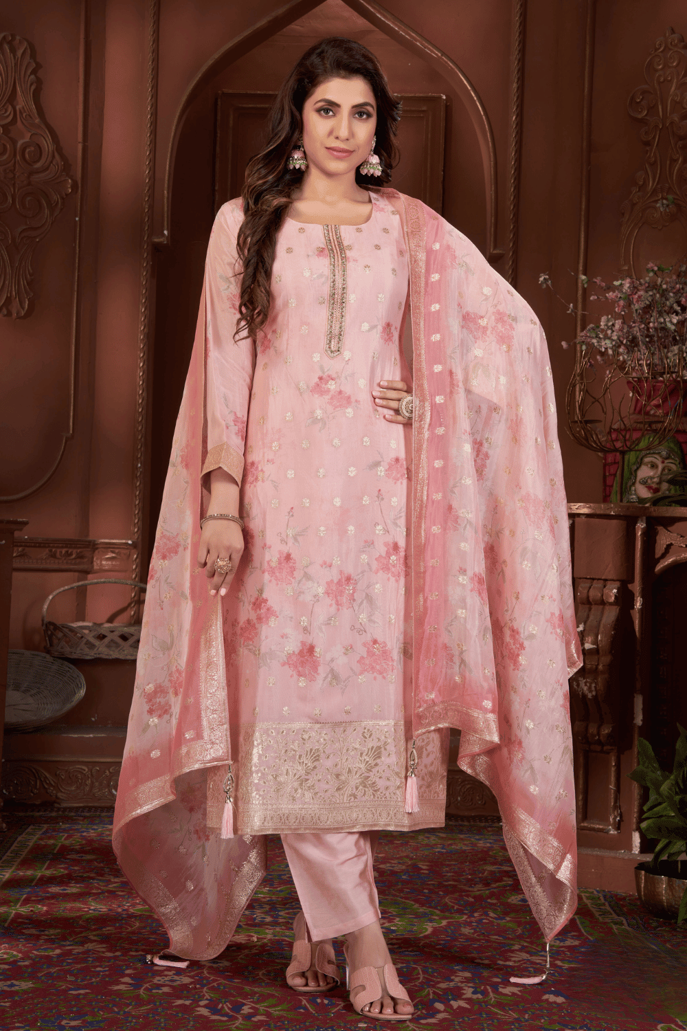 Peach Mirror, Sequins, Thread and Banaras Butta work with Floral Print Straight Cut Salwar Suit - Seasons Chennai