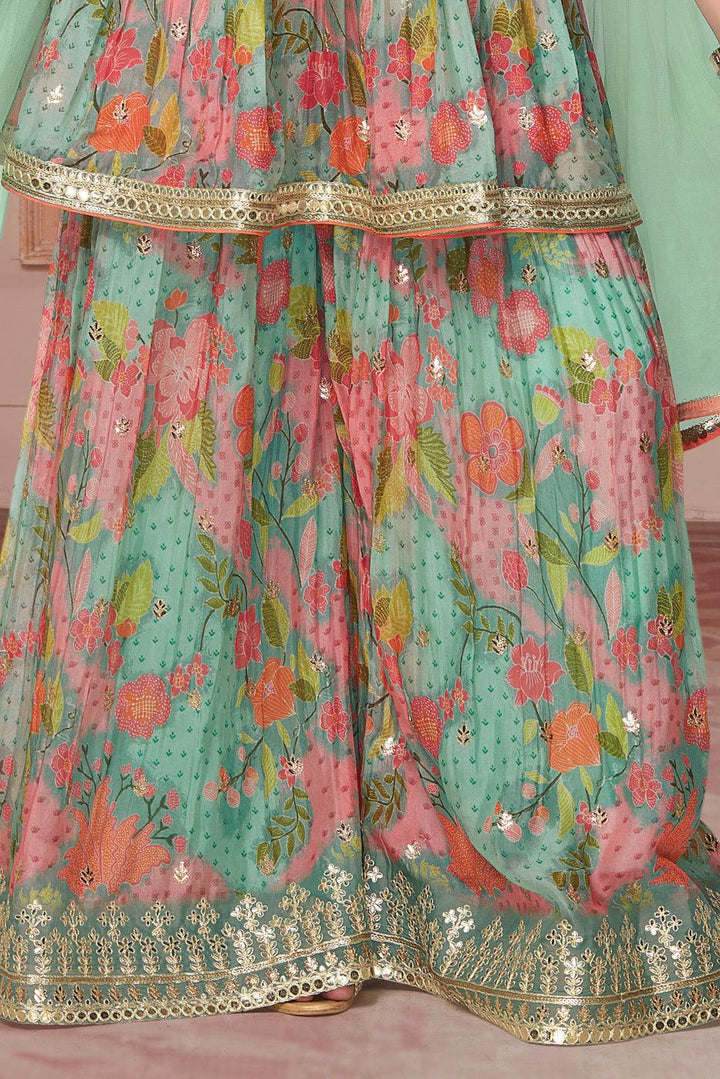 Green Floral Print, Sequins and Zari work Peplum Style Palazzo Suit Set for Girls - Seasons Chennai