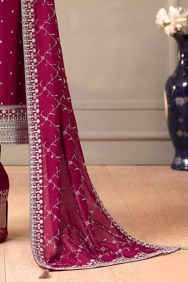 Burgundy Silver Zari, Thread and Sequins work Straight Cut Salwar Suit