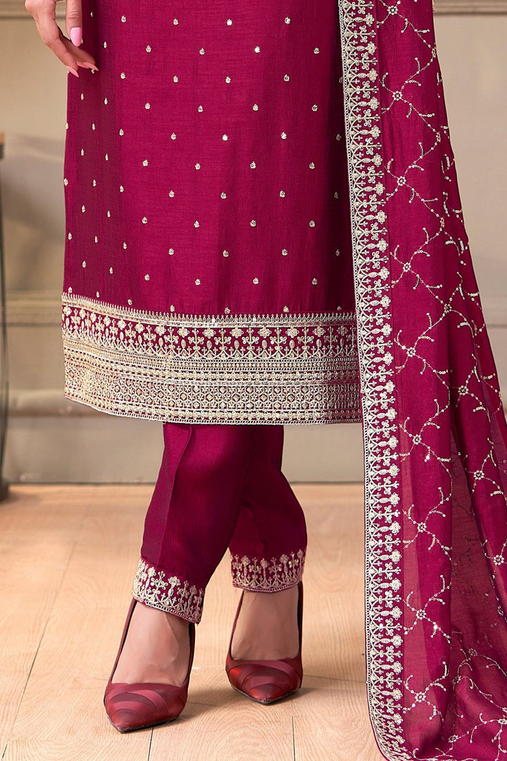 Burgundy Silver Zari, Thread and Sequins work Straight Cut Salwar Suit