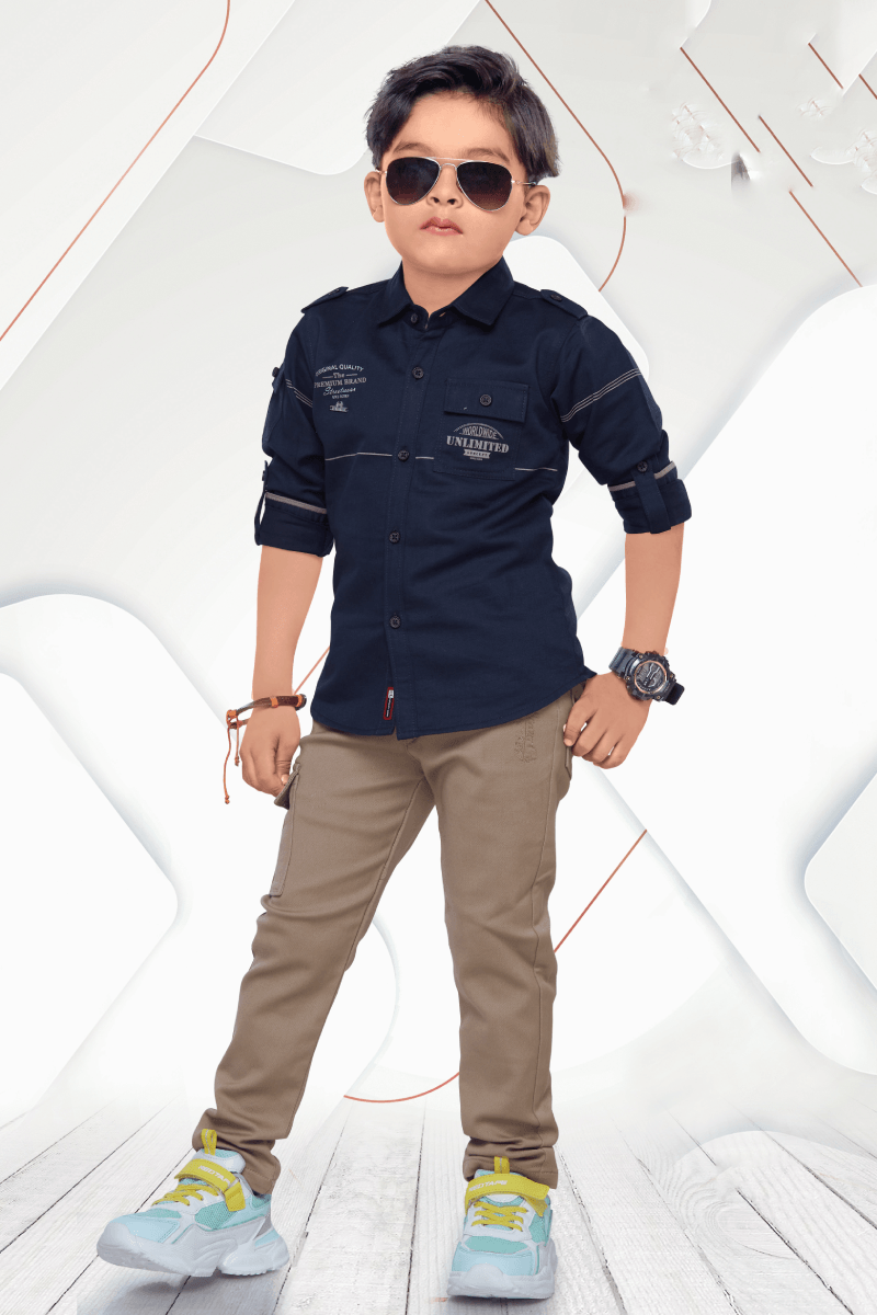 Blue with Beige Casual wear Pant and Shirt Set for Boys - Seasons Chennai