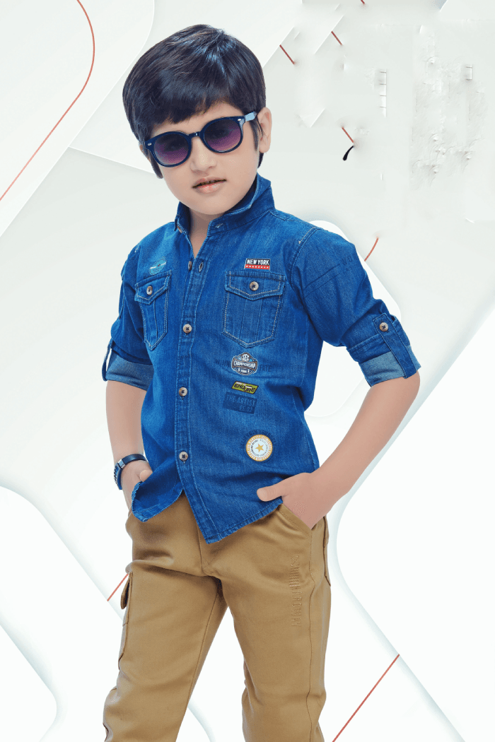 Denim Blue with Beige Casual wear Pant and Shirt Set for Boys - Seasons Chennai