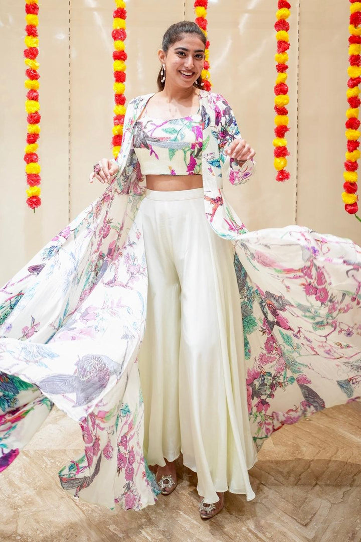 White Floral Print and Sequins work Long Over Coat Crop Top with Palazzo Indo Western Set - Seasons Chennai