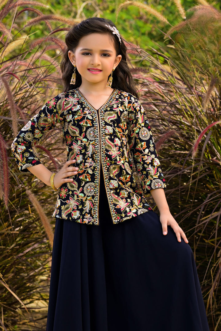 Dark Blue Multicolor Embroidery, Sequins, Stone and Zari work for Girls Palazzo Suit Set