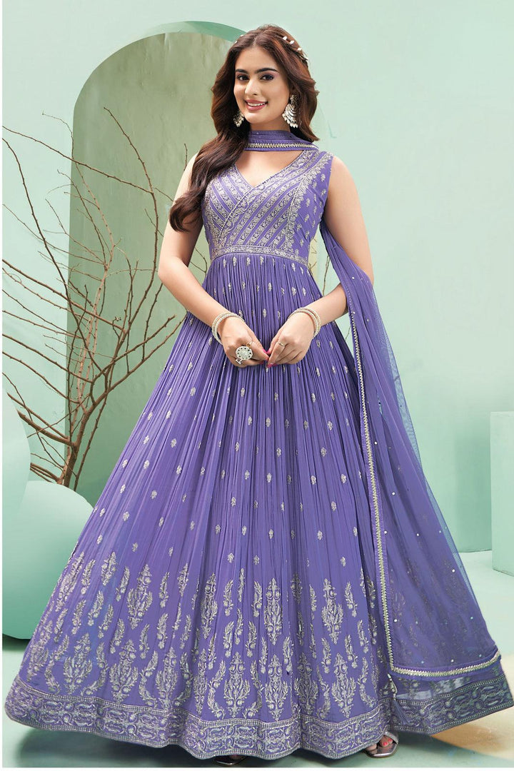 Lavender Sequins, Zari and Thread work Floor Length Anarkali Suit - Seasons Chennai
