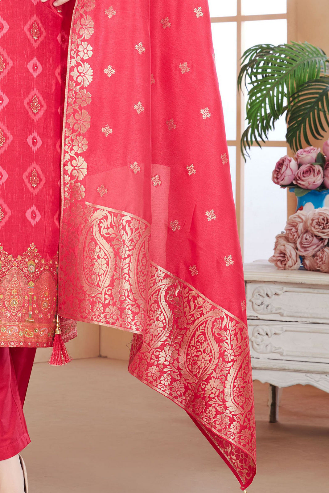 Pink Sequins, Mirror and Banaras work with Digital Print Straight Cut Salwar Suit