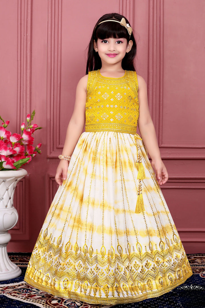 Yellow with Cream Tie and Dye Print, Sequins and Thread work Lehenga Choli for Girls