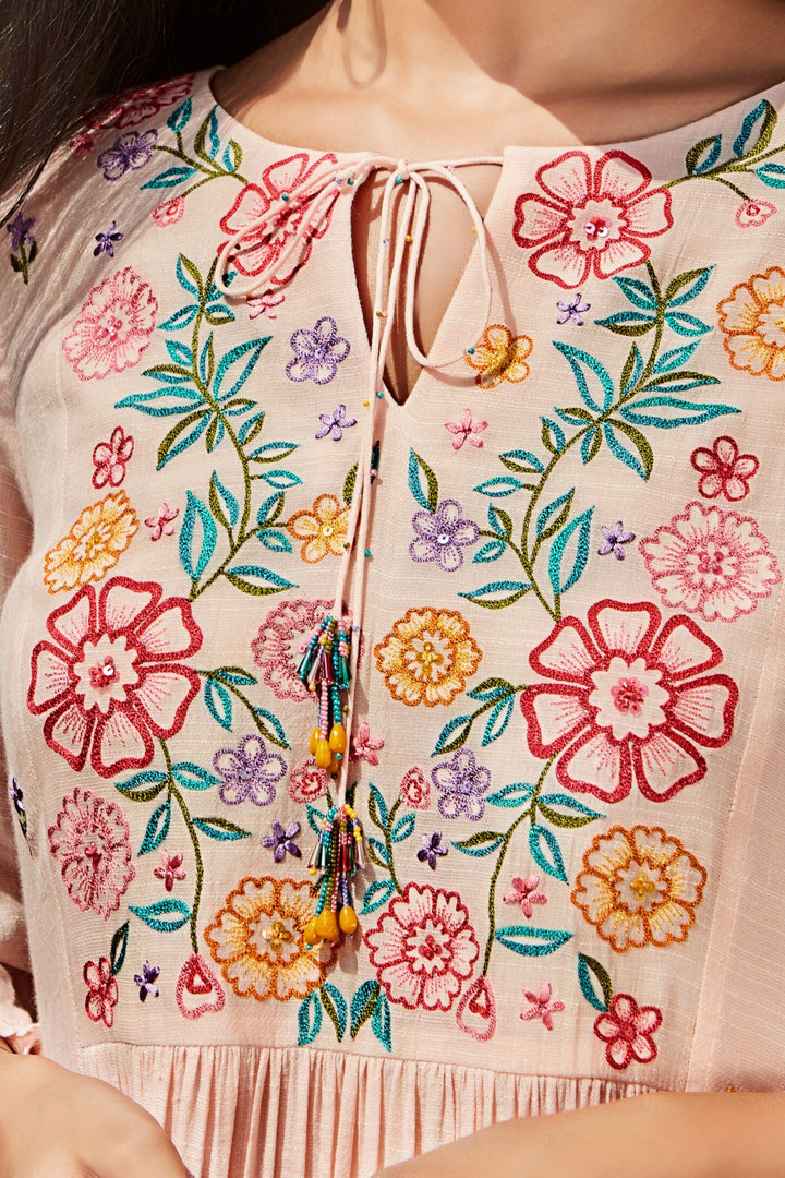 Pastel Peach Hand Embroidery work Anarkali Styled Kurti