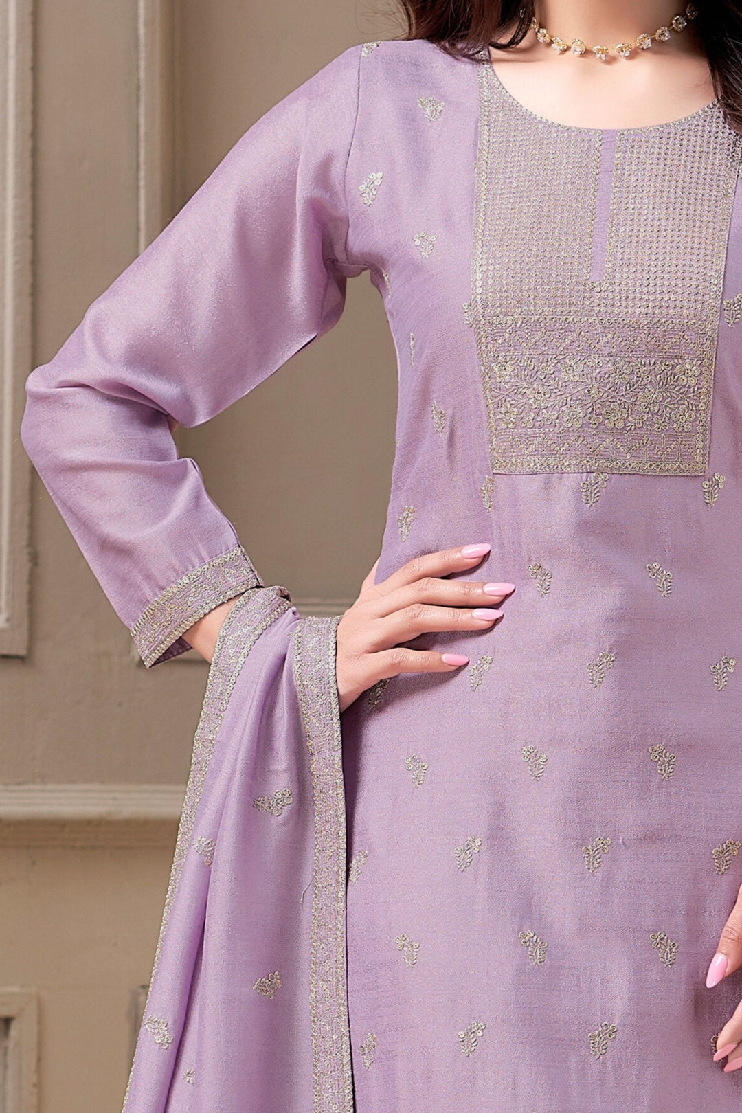 Lavender Zari, Thread and Sequins work Straight Cut Salwar Suit