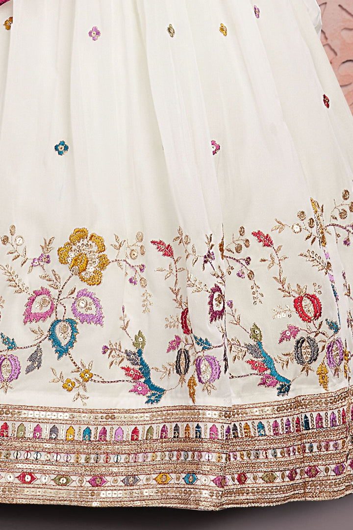 Cream Multicolor Thread, Zari and Sequins work Lehenga Choli for Girls