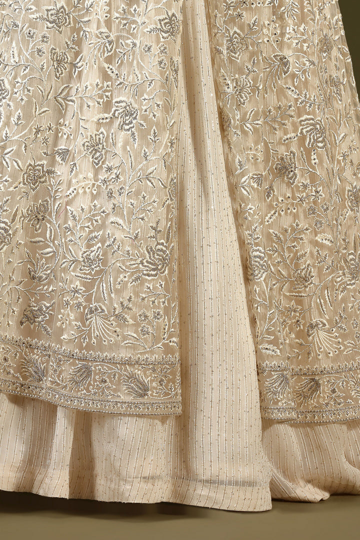 Cream Stone, Mirror and Embroidery work Long Overcoat Styled Crop Top Lehenga