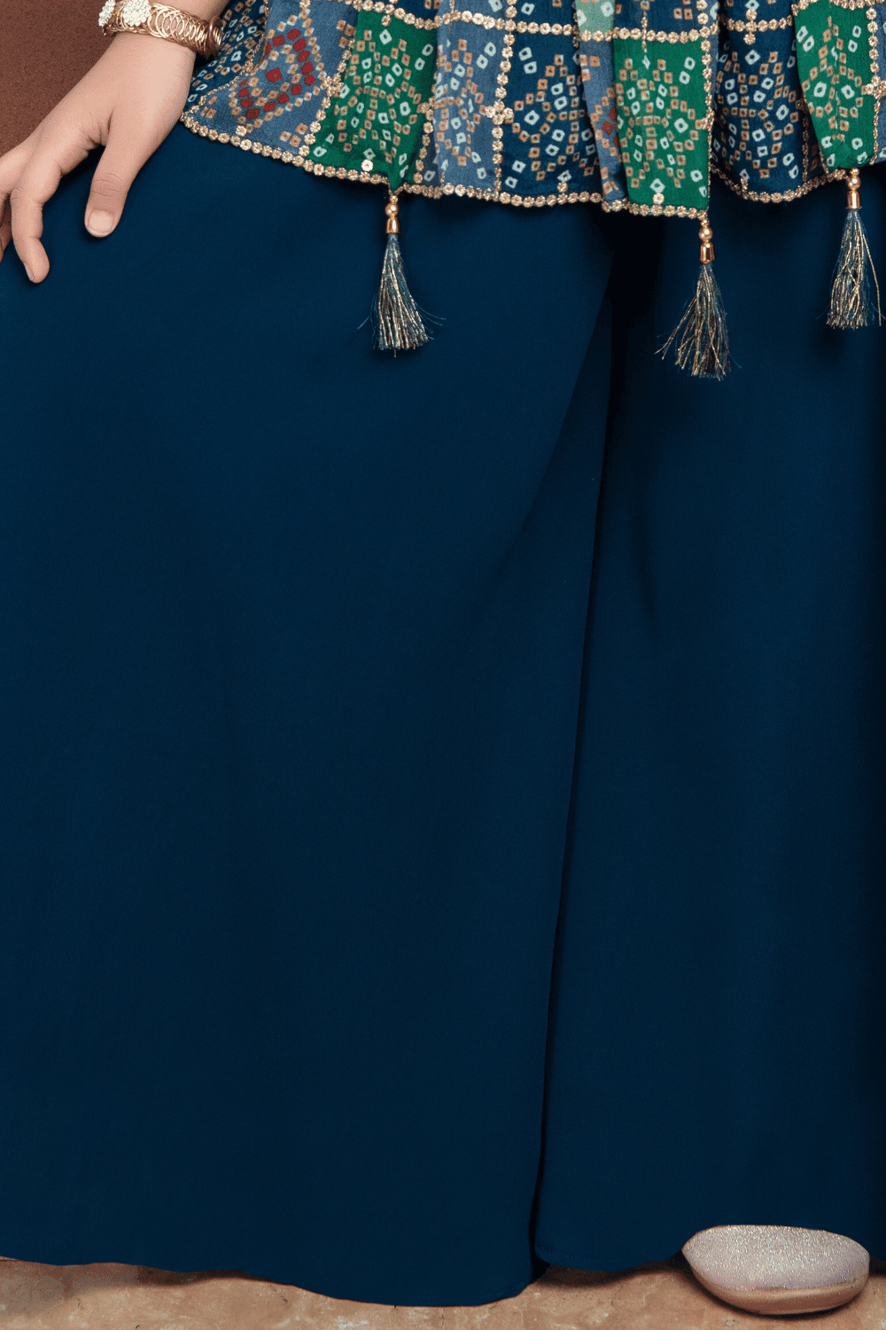 Peacock Blue Bandini Print, Stone and Beads work Peplum Style Palazzo Suit Set for Girls - Seasons Chennai