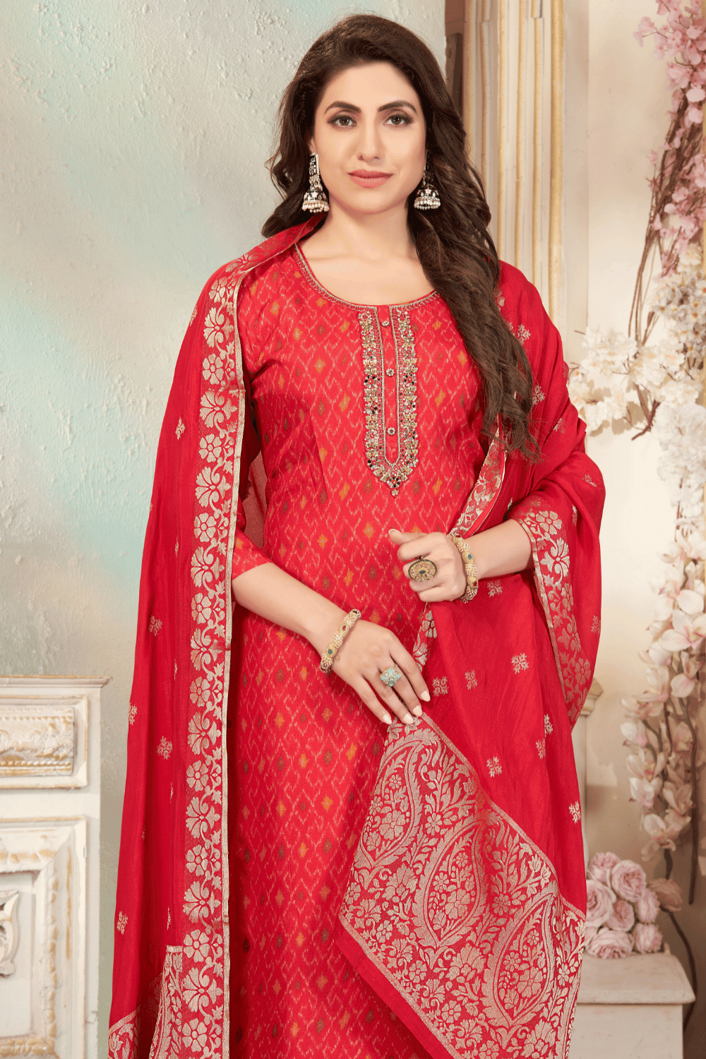 Red with Kalamkari Print, Zardozi, Stone, Beads, Mirror and Zari work Straight Cut Salwar Suit - Seasons Chennai
