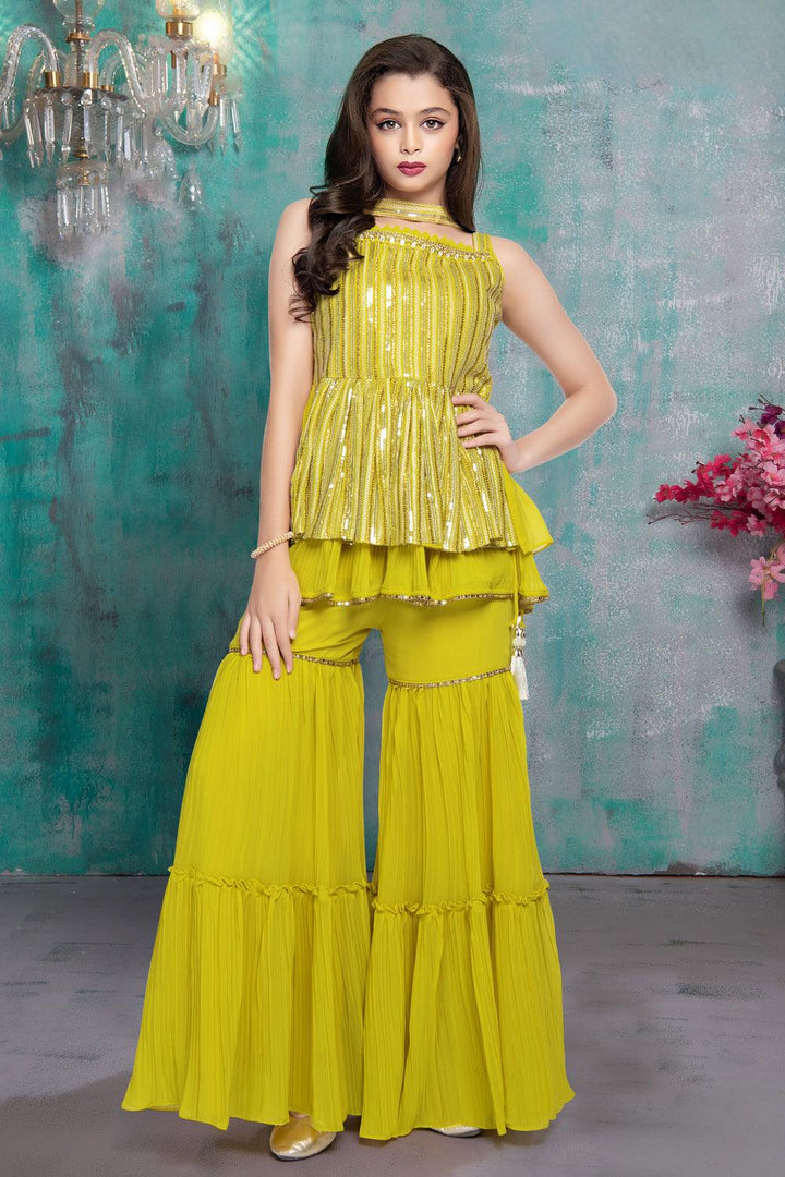 Yellow Thread, Zari, Sequins and Mirror work Peplum Top and Sharara Set for Girls - Seasons Chennai