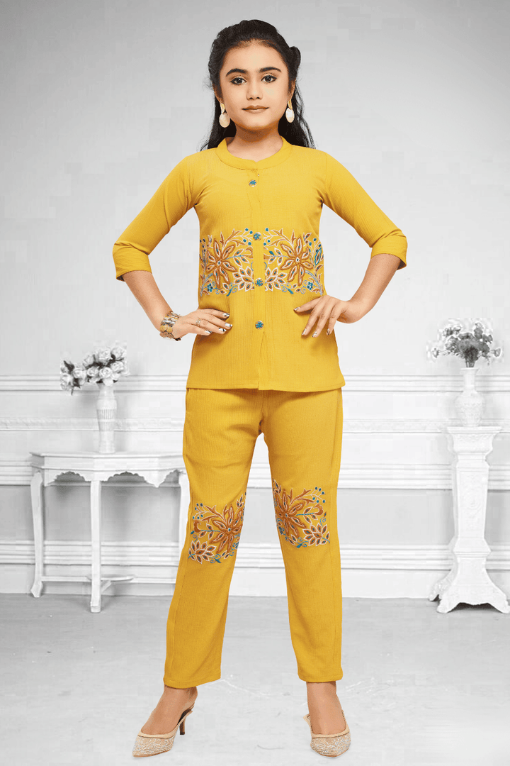 Yellow Embroidery work Co-ord Set for Girls - Seasons Chennai