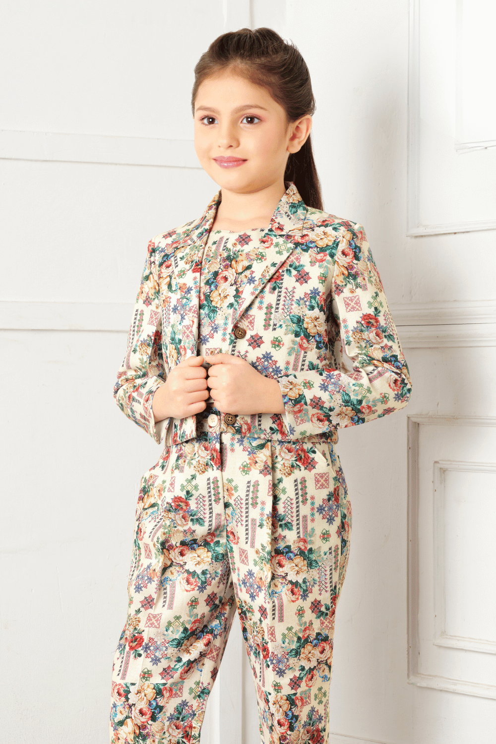 Beige Printed Overcoat Styled Choli with Pant Set for Girls - Seasons Chennai