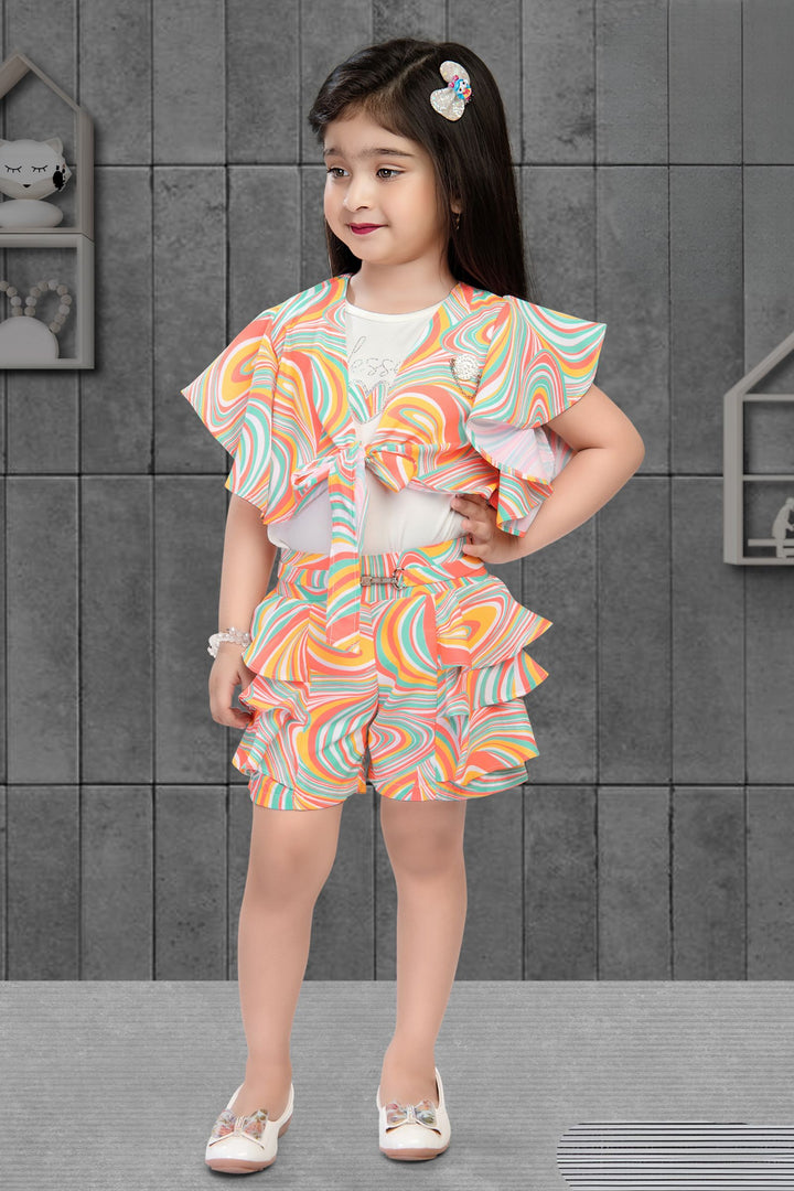White with Multicolor Printed Jacket Styled Knitted Top and Shorts For Girls