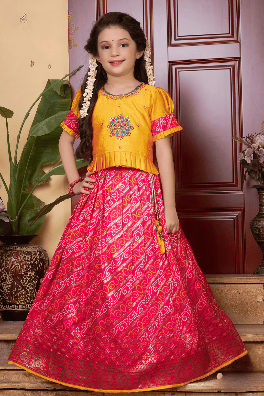 Yellow with Pink Banaras, Sequins, Zardozi and Beads work with Bandini Print Lehenga Choli for Girls - Seasons Chennai