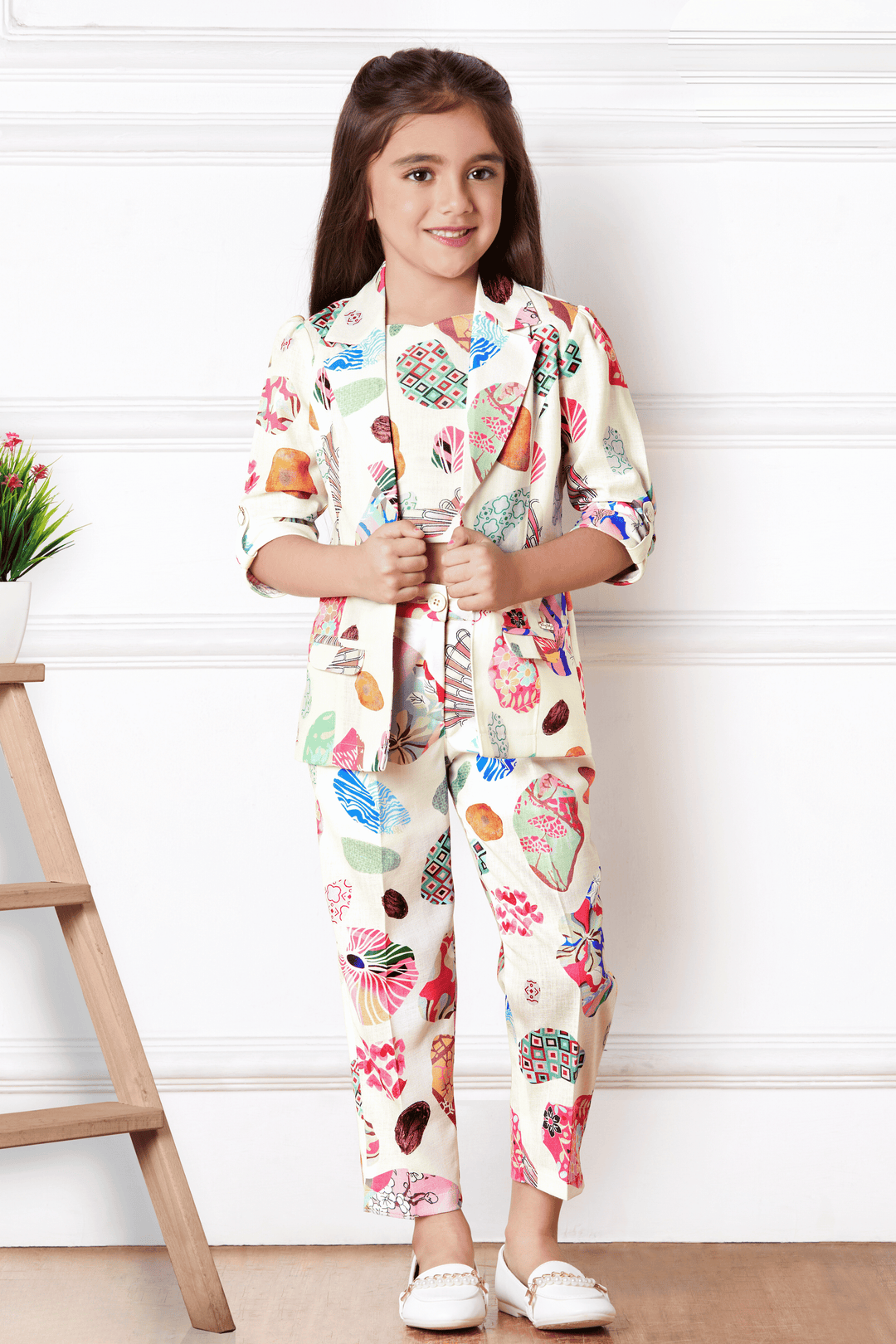Cream with Multicolor Digital Print Overcoat Styled Co-ord Set for Girls - Seasons Chennai