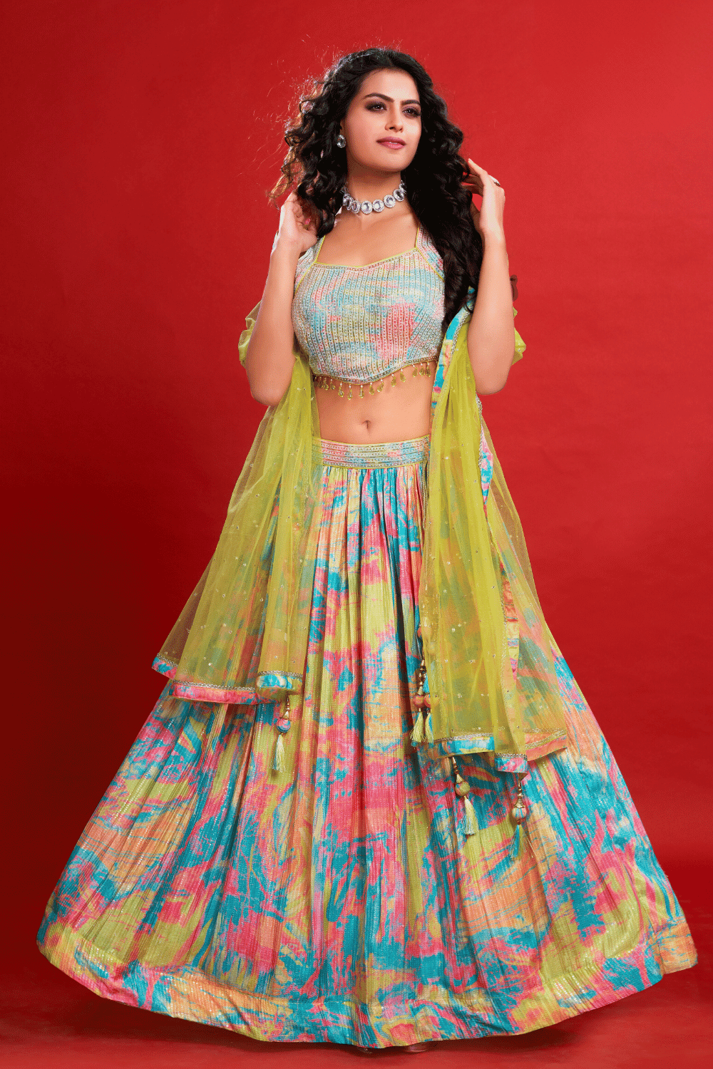 Liril Green with Tie and Dye Print, Pearl, Beads, Sequins and Thread work Crop Top Lehenga - Seasons Chennai