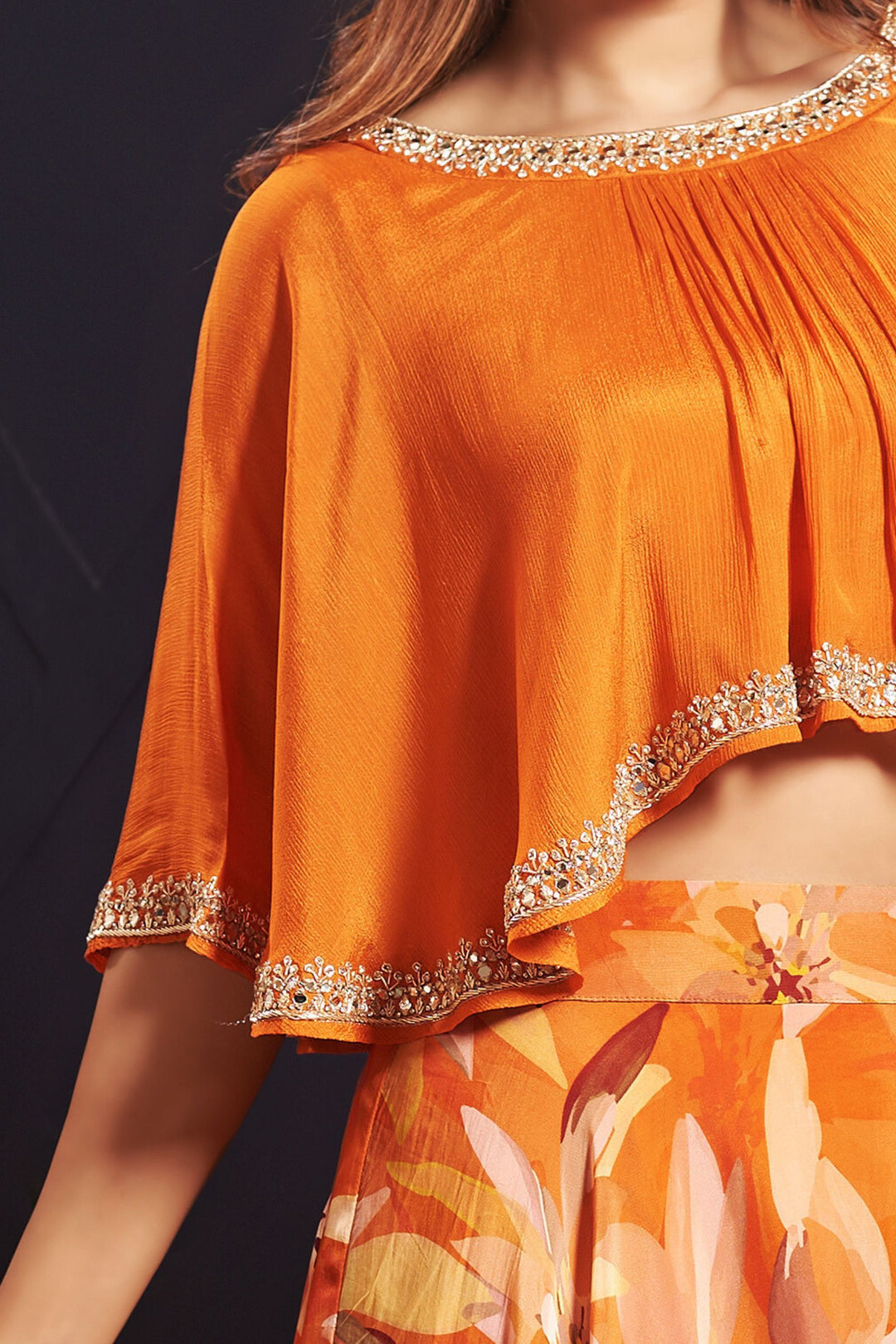 Orange Mirror, Zardozi and Stone work with Floral Print Poncho Styled