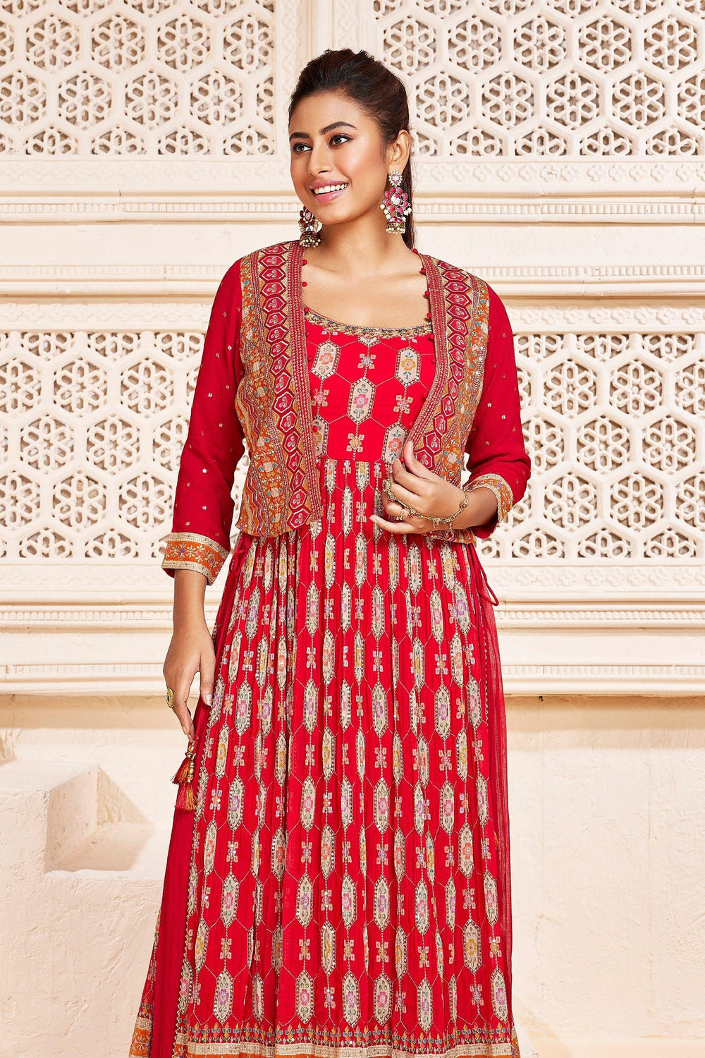 Rani Pink Zari and Sequins work Long Salwar with Jacket Styled Palazzo Suit Set - Seasons Chennai