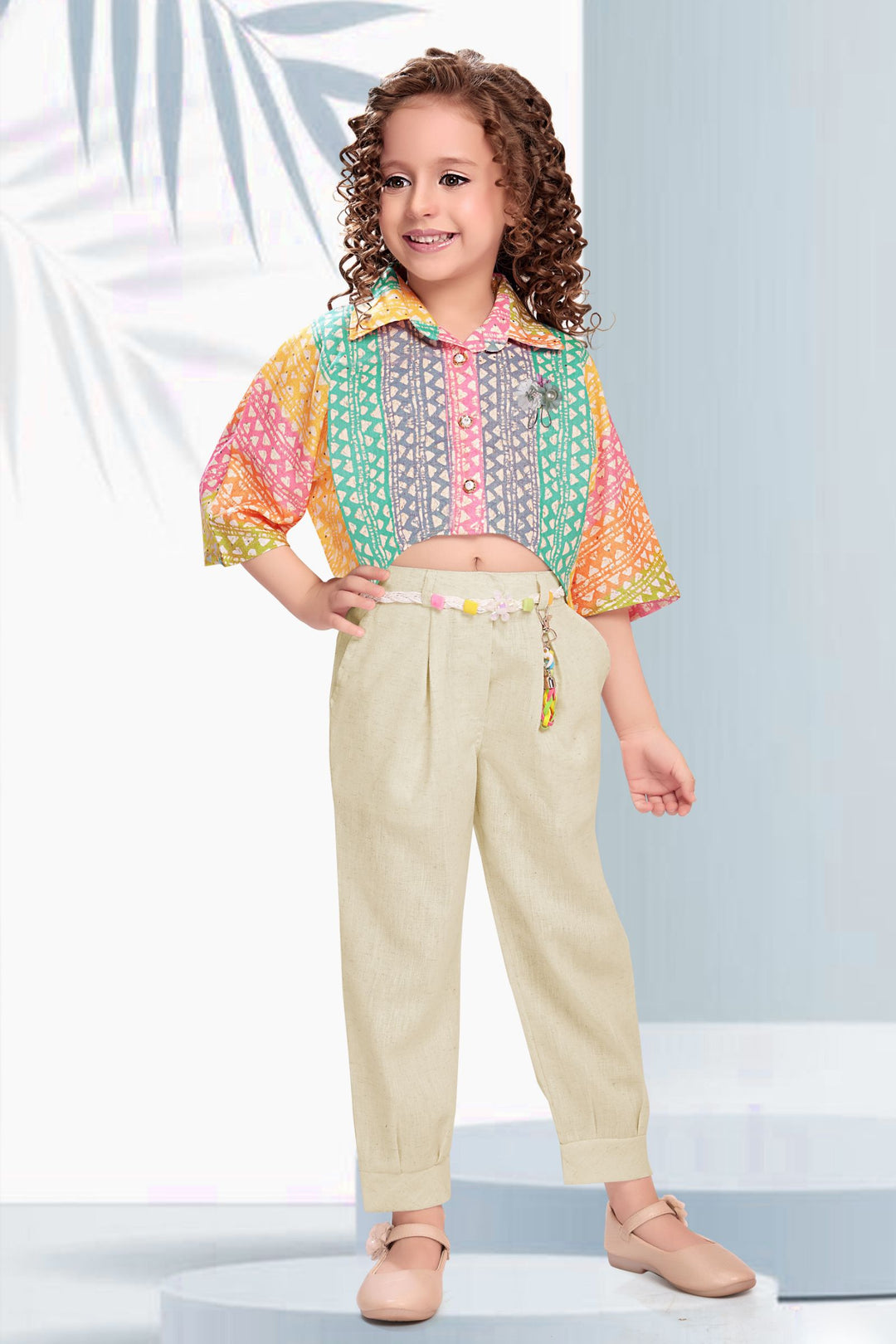 Multicolor Digital Print with Fawn Kaftan Styled Culottes Set for Girls