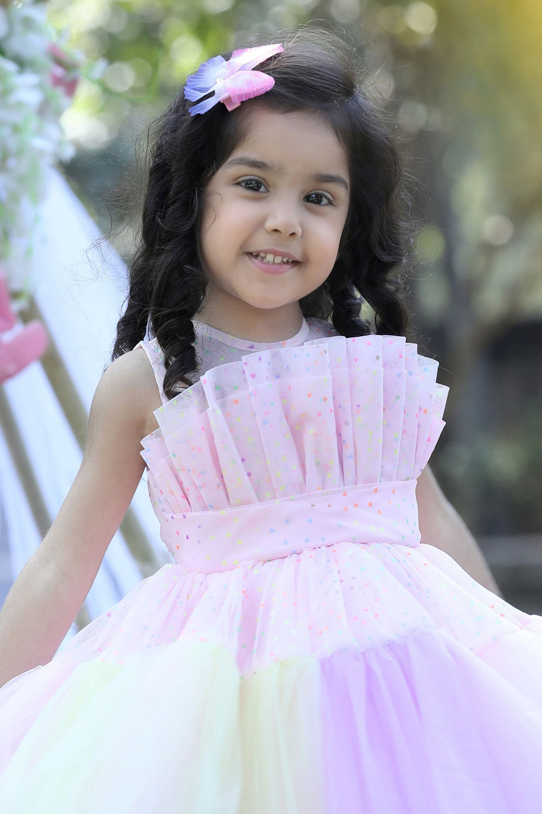 Pink with Multicolor Frilled Short Frock for Girls