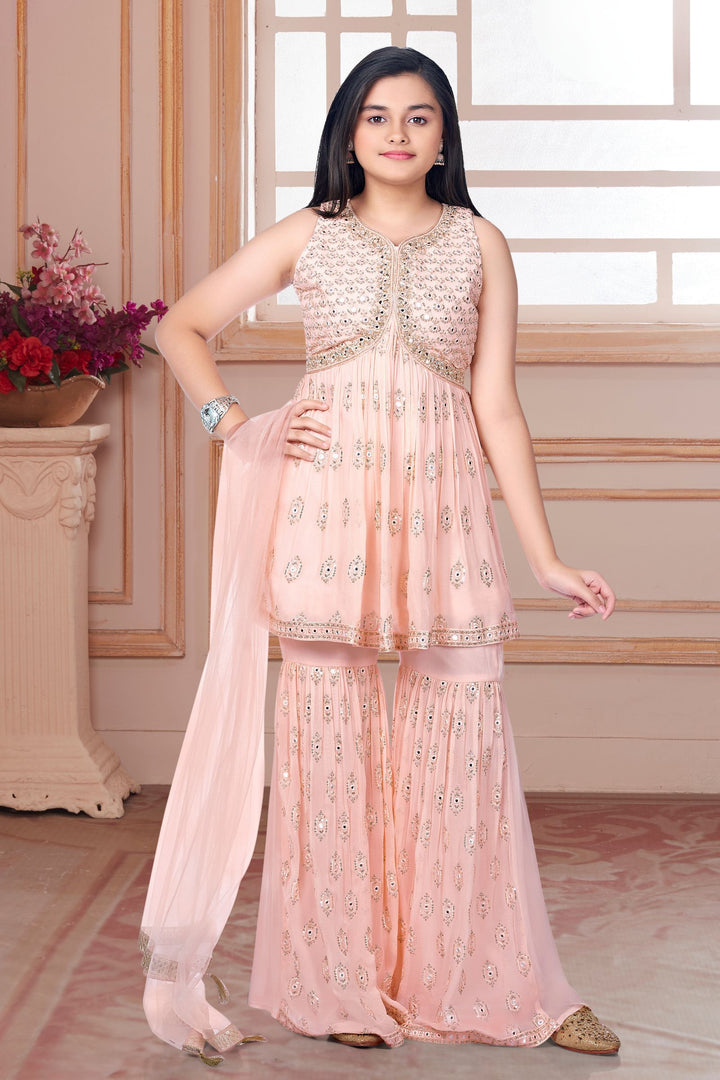 Peach Mirror, Sequins and Thread work Peplum Style Sharara Suit Set for Girls