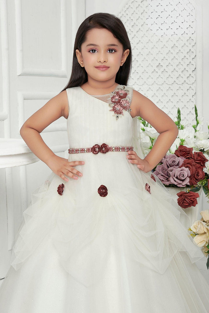 Half White Stone, Pearl and Beads work Long Party Frock for Girls - Seasons Chennai