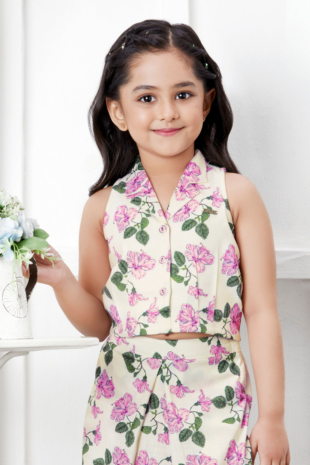 Cream with Floral Print Top and Divider Skirt for Girls